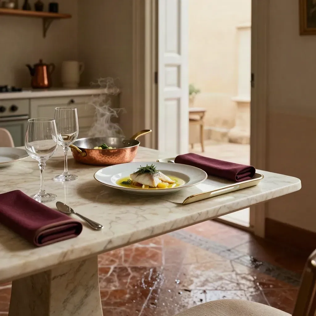 Tavola privata elegante in un appartamento romano, con piatto di pesce e vapore serale.