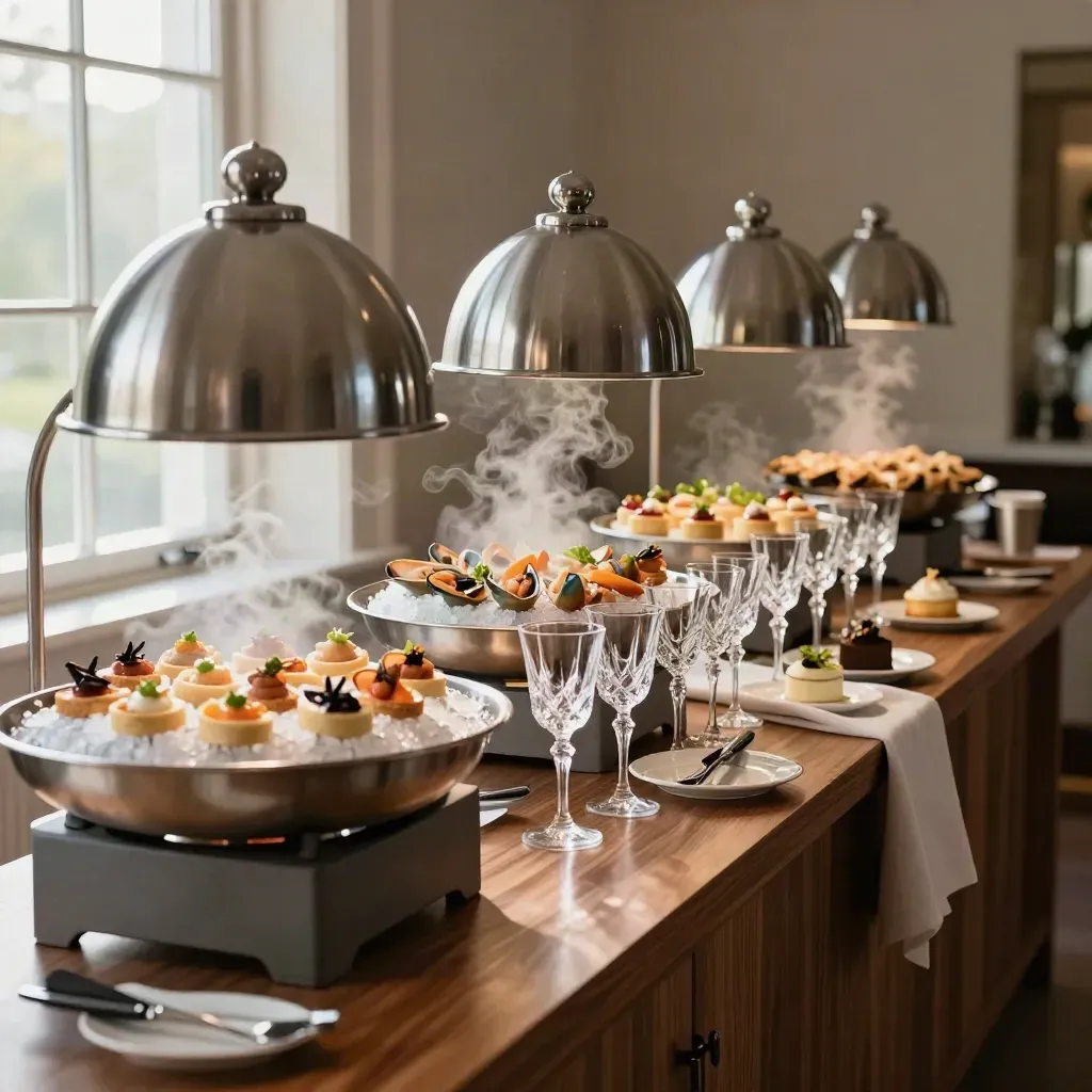 Buffet elegante per piccoli eventi con cloche, vassoi su ghiaccio e calici allineati.