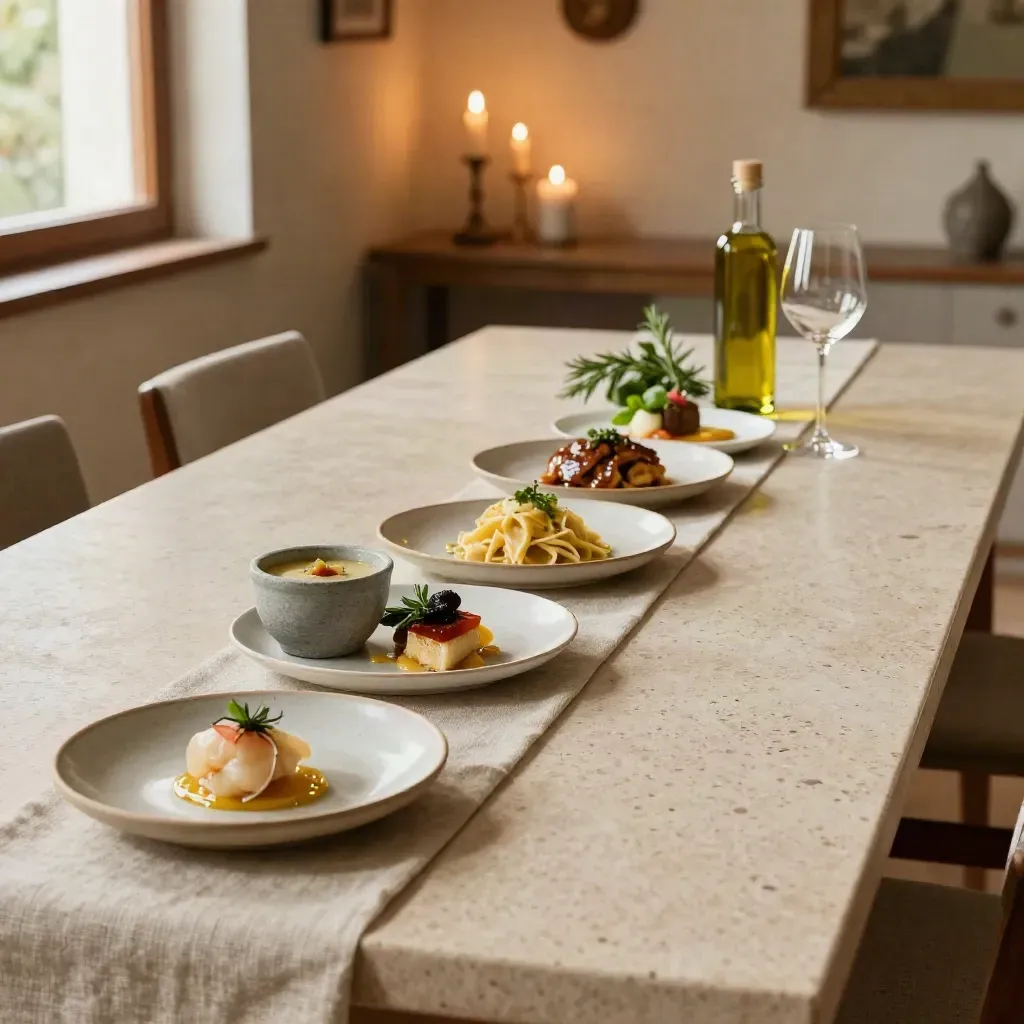 Tavola di degustazione con cinque portate, vino, olio, erbe e candele su lino naturale.