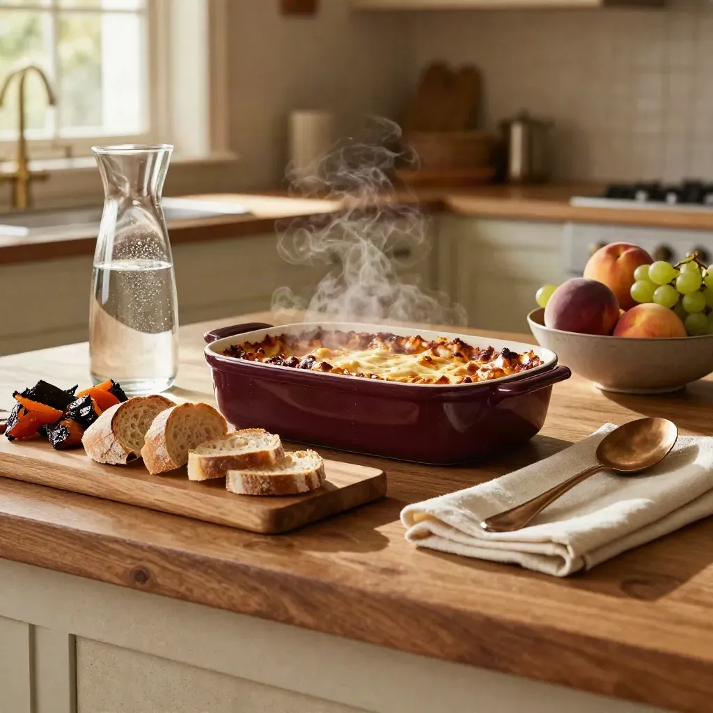 Tavola di famiglia con lasagne, verdure arrosto, pane, acqua e frutta in cucina luminosa.