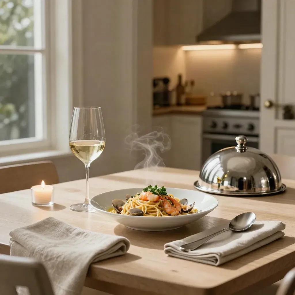 Cena elegante a casa con pasta di mare, vino bianco, candele e cucina sullo sfondo