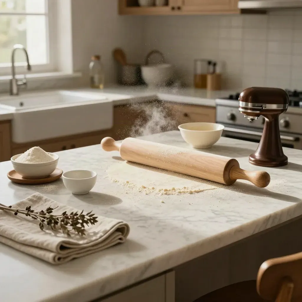 Postazione di corso di cucina in casa con utensili, farina ed erbe su banco in marmo