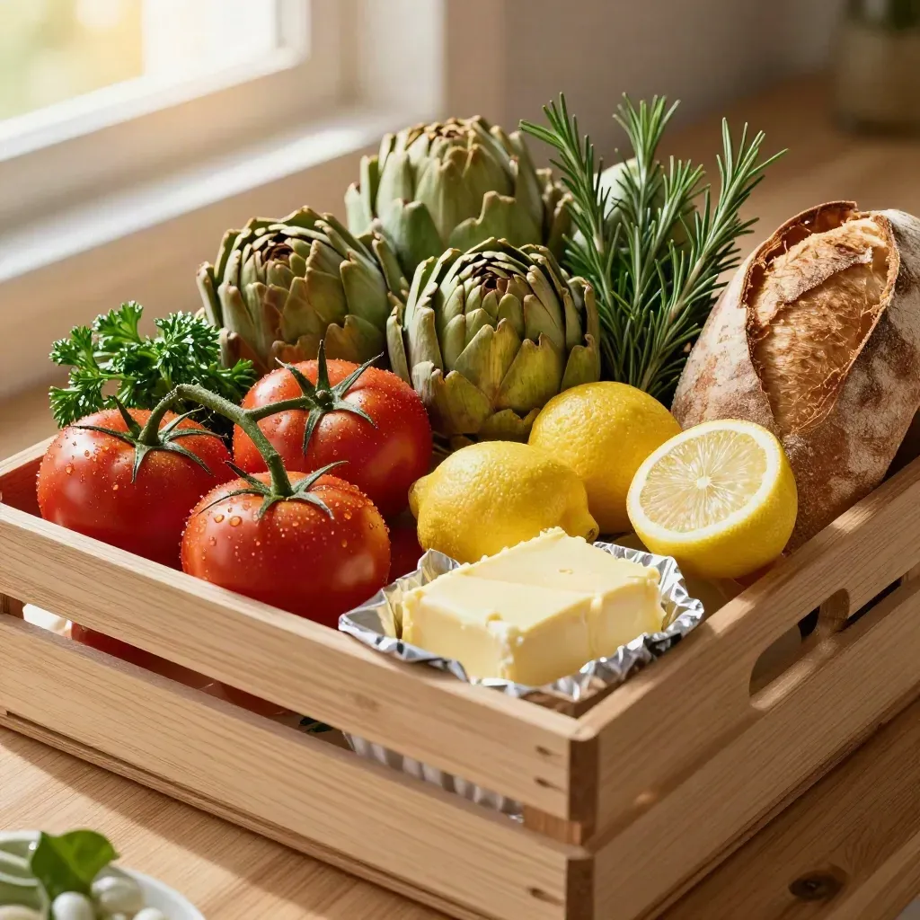Cestino di ingredienti freschi e cassette su banco di legno, ordinati prima dell’arrivo dello chef.