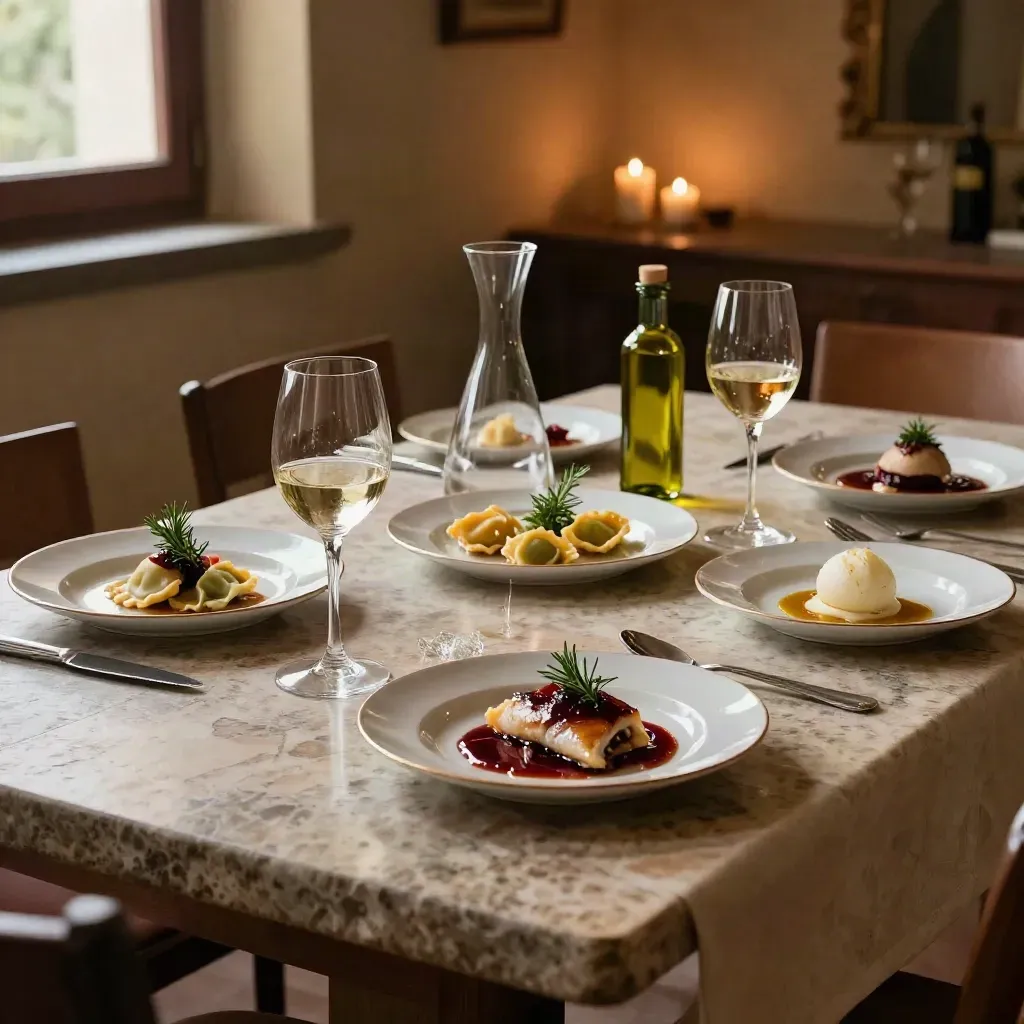 Degustazione elegante su tavolo di pietra a Firenze, con cinque portate e calici coordinati.