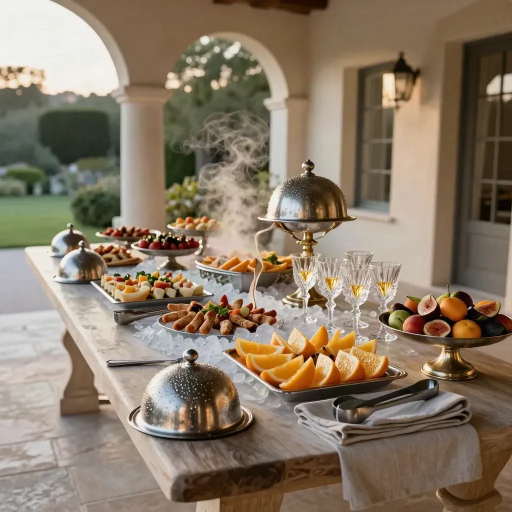 Buffet elegante in villa con cloche d’argento, vassoi su ghiaccio, frutta e calici allineati.