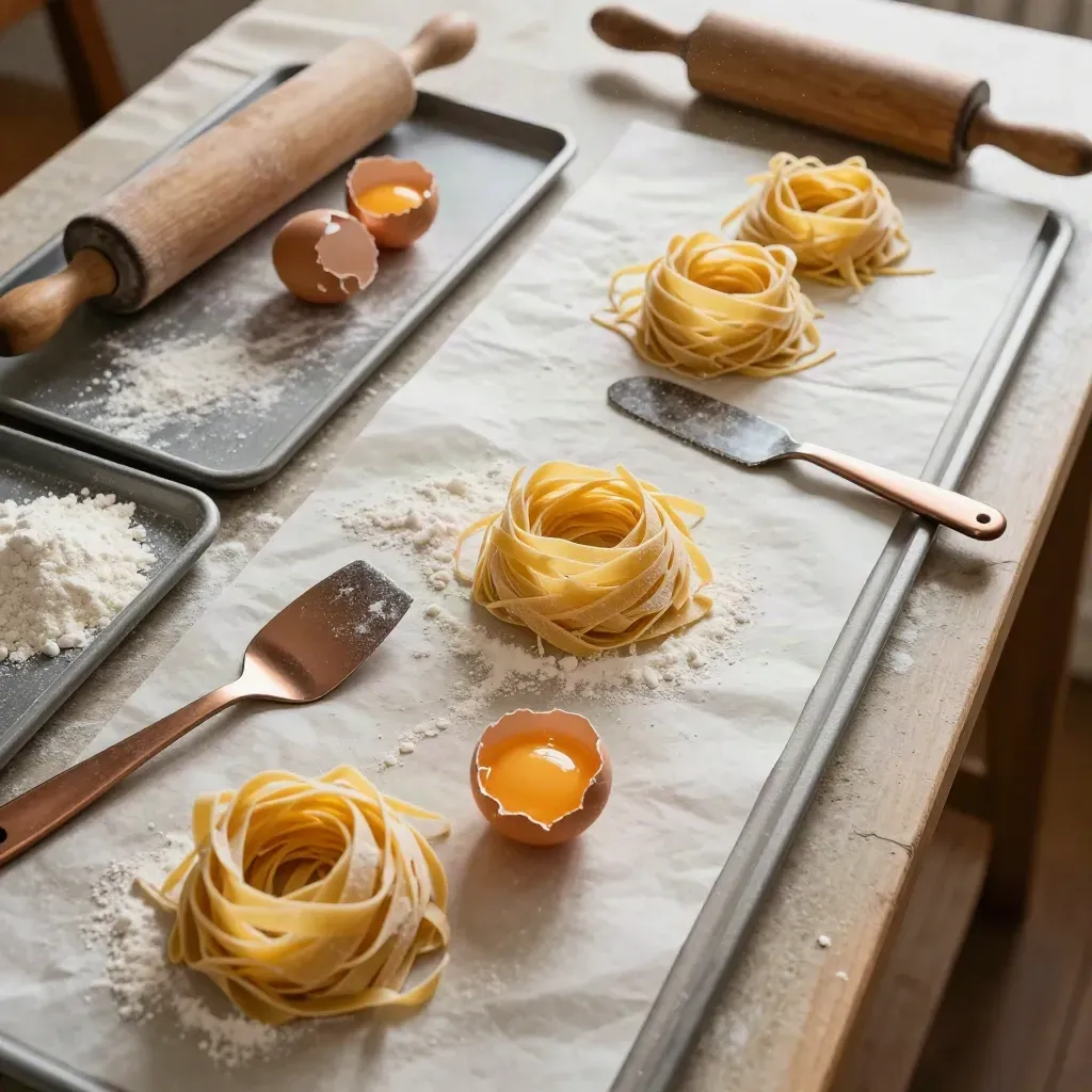 Postazione per lezione di pasta con tagliatelle, uova, semola e utensili su pietra