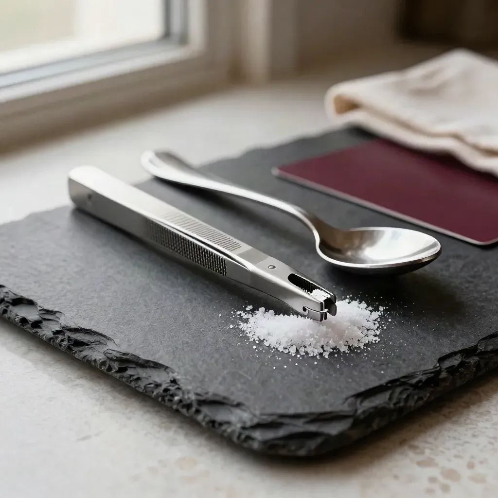 Pinzette, microplane e cucchiaio da salse su pietra scura con cristalli di sale.