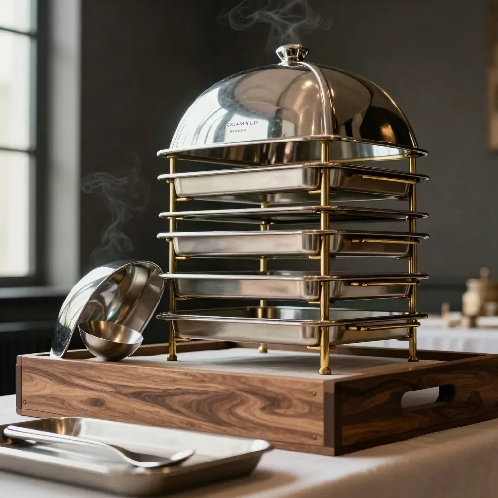 Vassoi d’acciaio, cloche e mestolo impilati in una composizione elegante da catering.