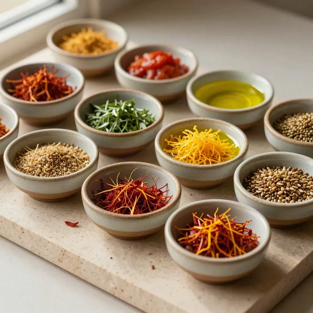 Ciotole di ceramica con zafferano, pomodoro, erbe, scorza e semi su pietra crema