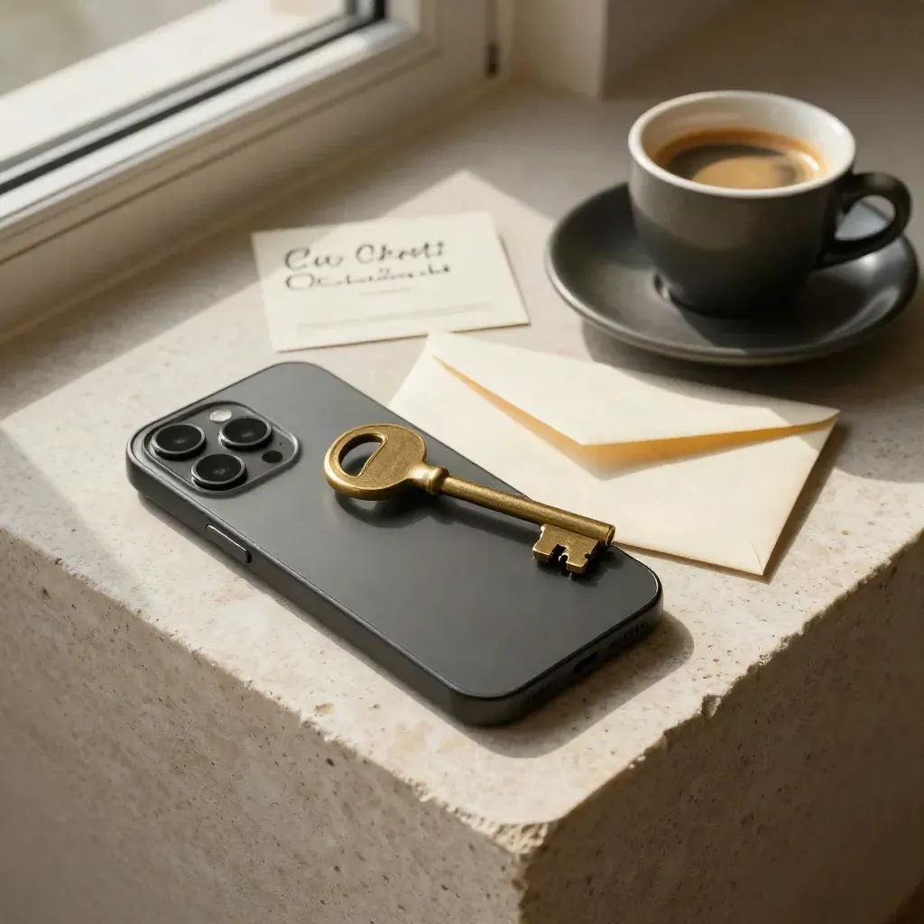 Telefono, chiave e busta crema su pietra, con caffè e card richiesta.