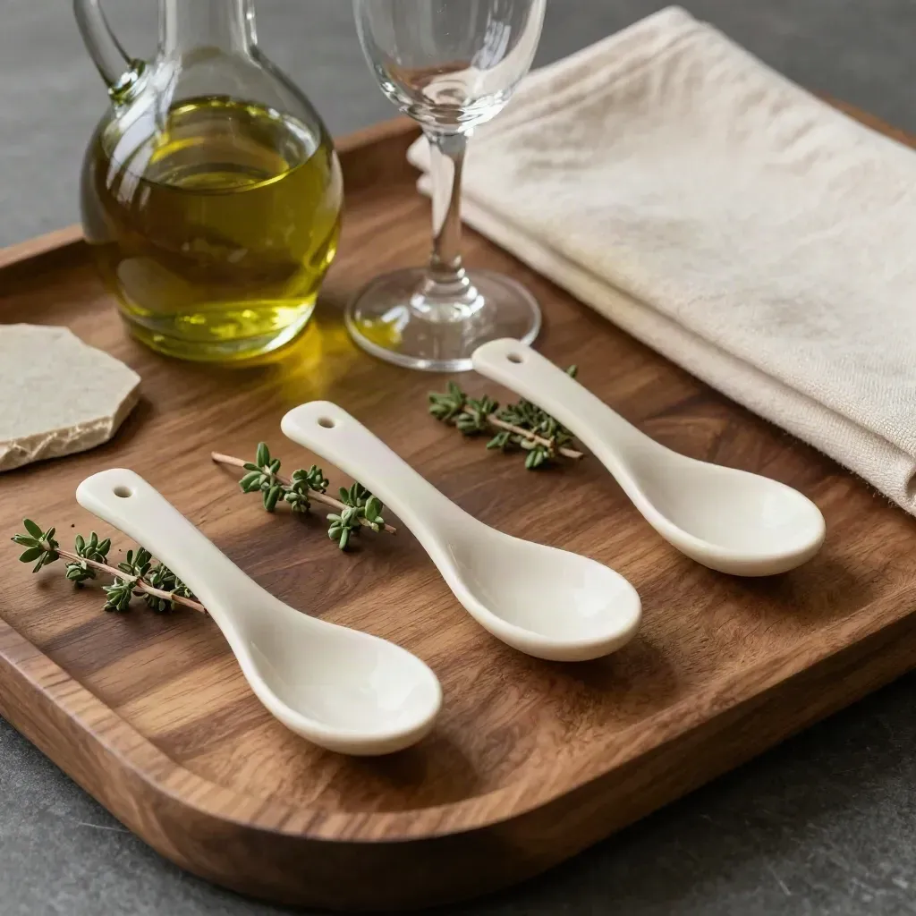 Tre cucchiai da assaggio con erbe e olio su vassoio di noce, luce morbida laterale.