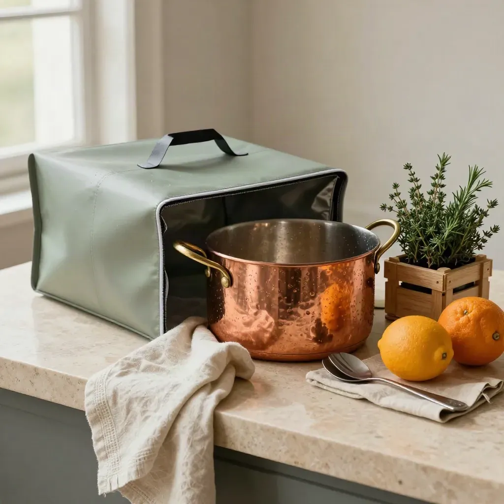 Borsa termica aperta con pentola in rame, erbe, agrumi e utensili avvolti su pietra chiara.