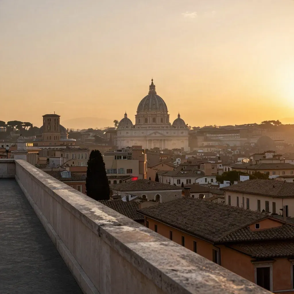Panorama romano del Lazio al tramonto, cupole e tetti in terracotta nella foschia dorata.