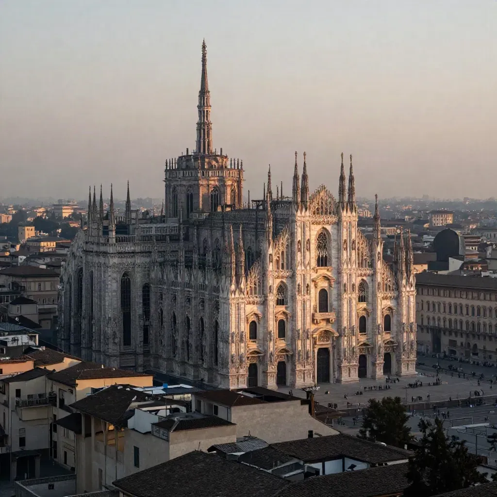 Vista alta di Milano al tramonto con il Duomo alto nel cielo e città sfumata sotto.