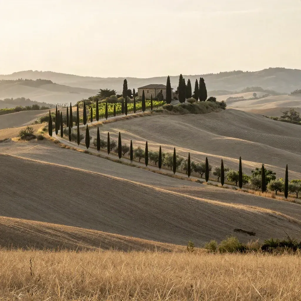 Colline toscane al tramonto con cipressi, filari e casale lontano nella foschia.