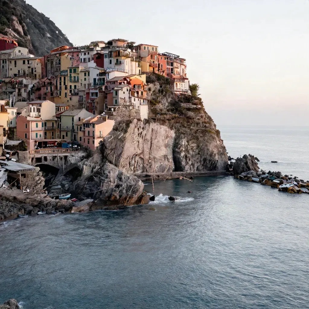 Borgo ligure arroccato sulla scogliera al tramonto, mare calmo e foschia marina.